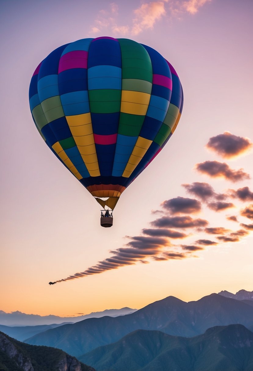 A colorful hot air balloon floating over a mountainous landscape with a trail of heart-shaped clouds