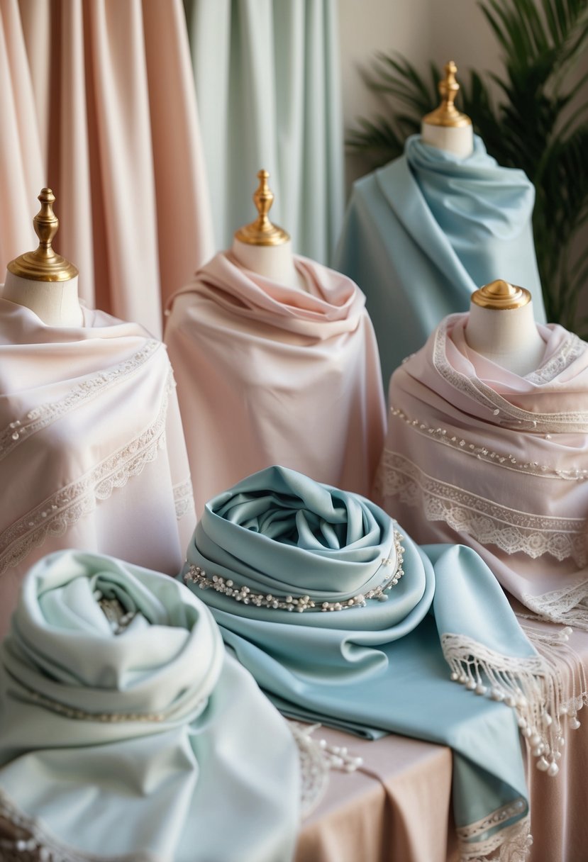 A collection of elegant shawls and wraps displayed on a table, with delicate lace and beading details, in a soft, pastel color palette