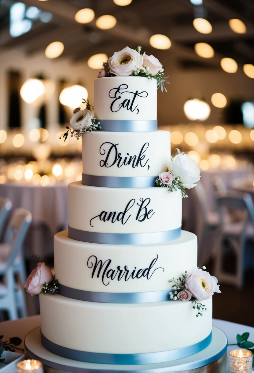 A tiered wedding cake with elegant calligraphy writing "Eat, Drink, and Be Married" surrounded by delicate floral decorations