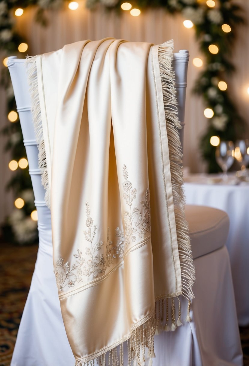 A silk pashmina wrap draped over a chair, with delicate embroidery and fringed edges, set against a backdrop of elegant wedding decor