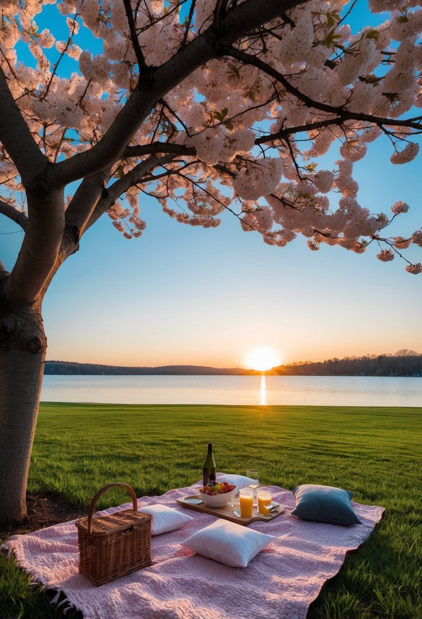 A romantic picnic under a blooming cherry blossom tree with a view of a serene lake and the sun setting in the distance