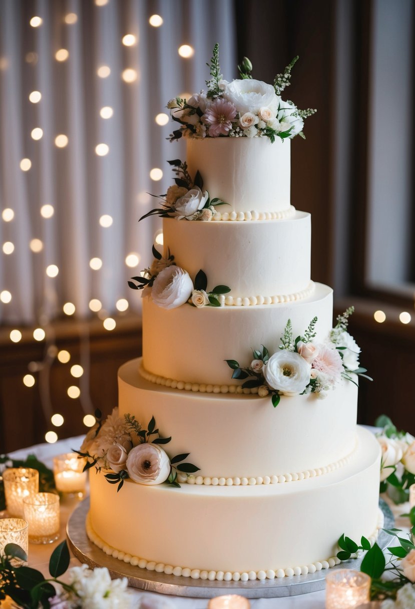 A tiered wedding cake adorned with delicate flowers and intricate piping, surrounded by twinkling lights and romantic decor