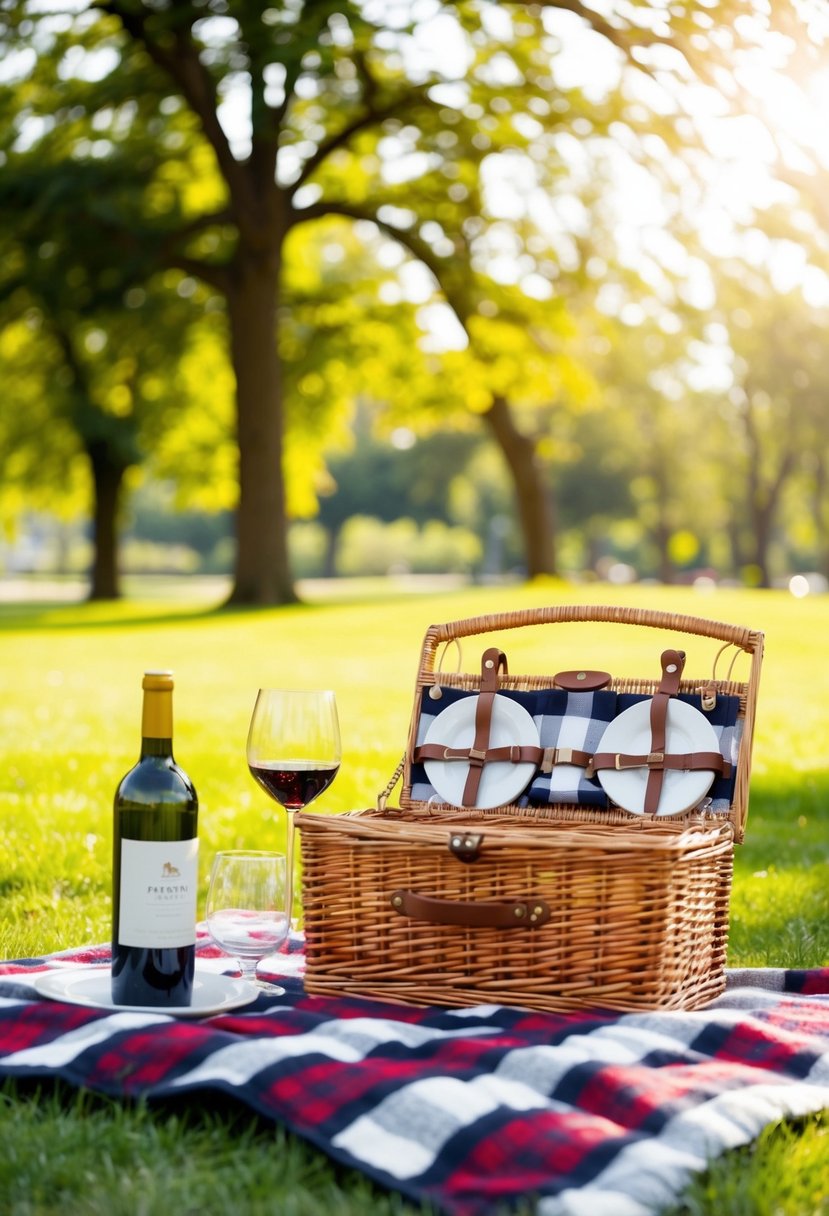 A picnic in a sunlit park with a checkered blanket, a wicker basket, and a bottle of wine