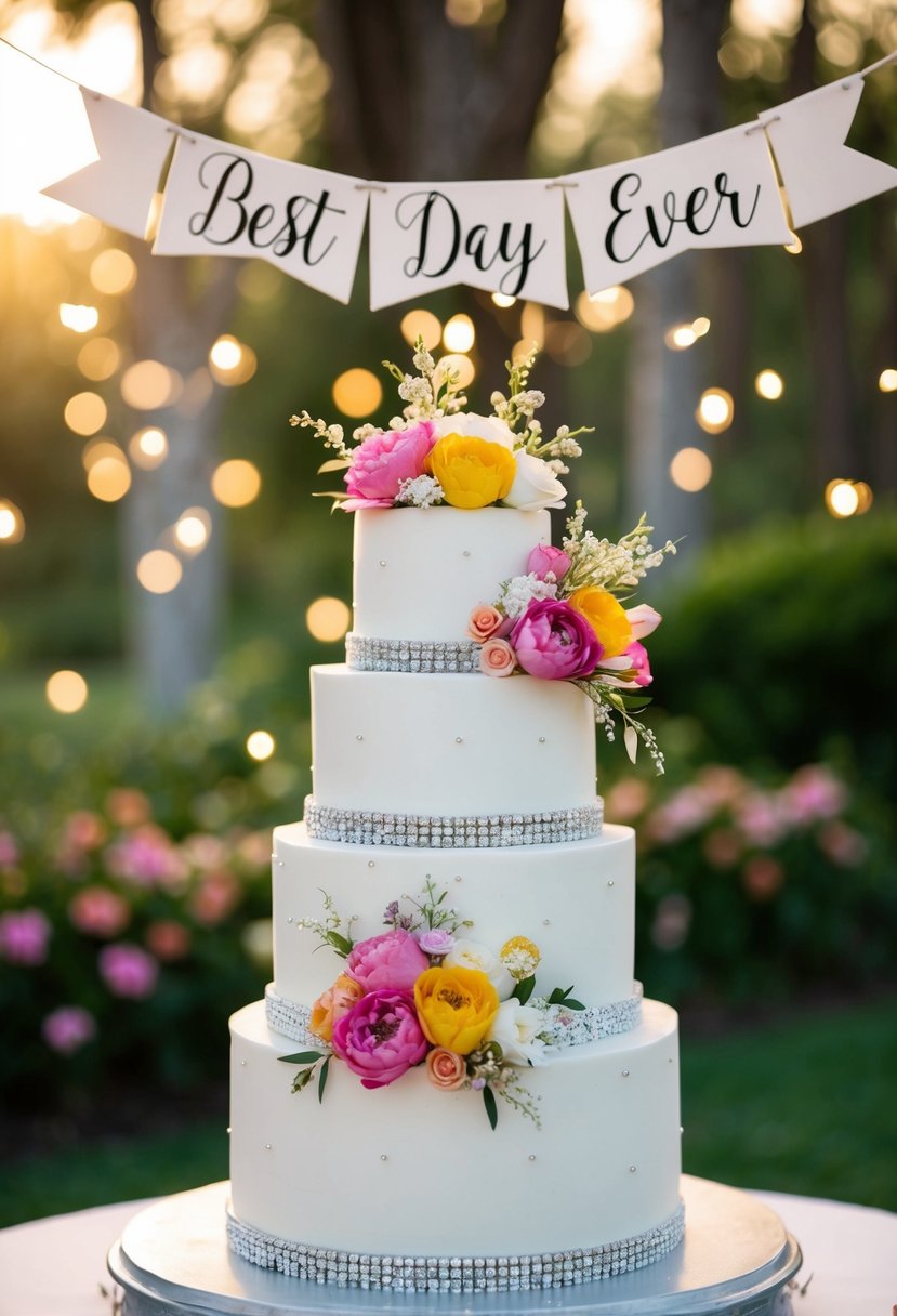 A three-tiered wedding cake adorned with colorful flowers and sparkling decorations. A banner reads "Best Day Ever" in elegant script