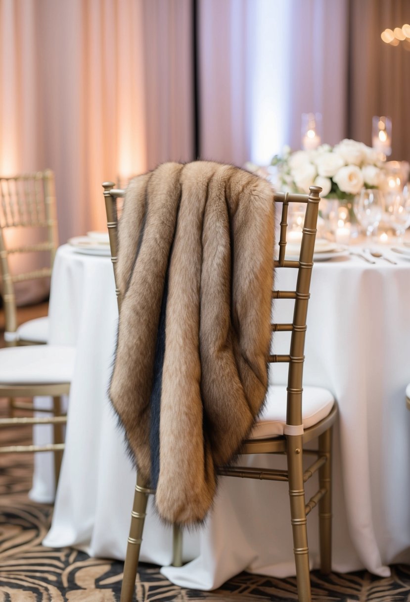 A faux fur stole draped over a chair at a glamorous wedding reception, with soft lighting and elegant decor