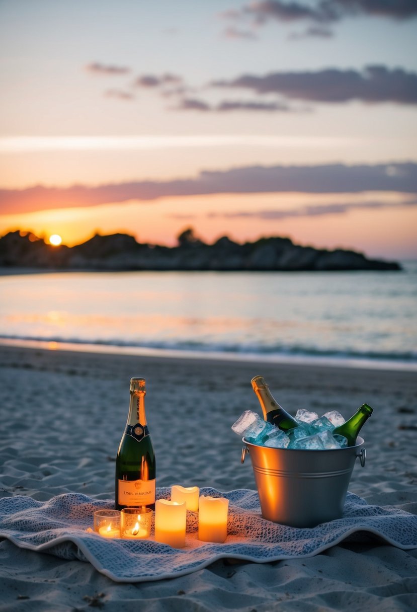 A secluded beach at sunset, with a cozy picnic set up on a blanket, surrounded by candles and a bottle of champagne chilling in a bucket of ice