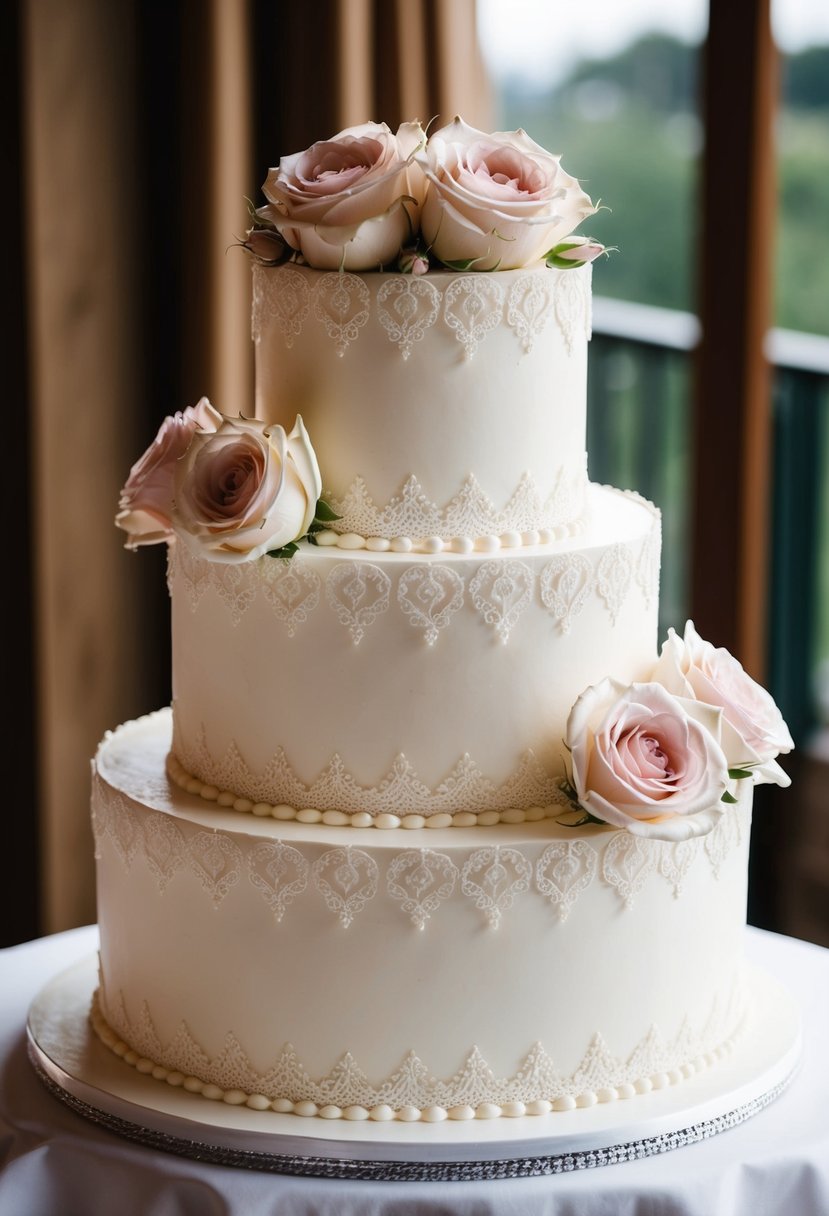 A three-tiered wedding cake adorned with delicate roses and intricate lace details