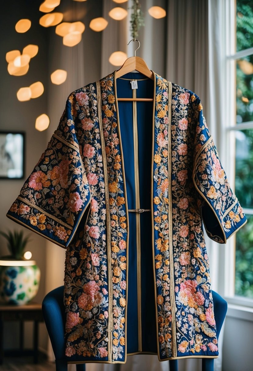 An intricately embroidered kimono jacket draped over a chair, with delicate floral patterns and vibrant colors