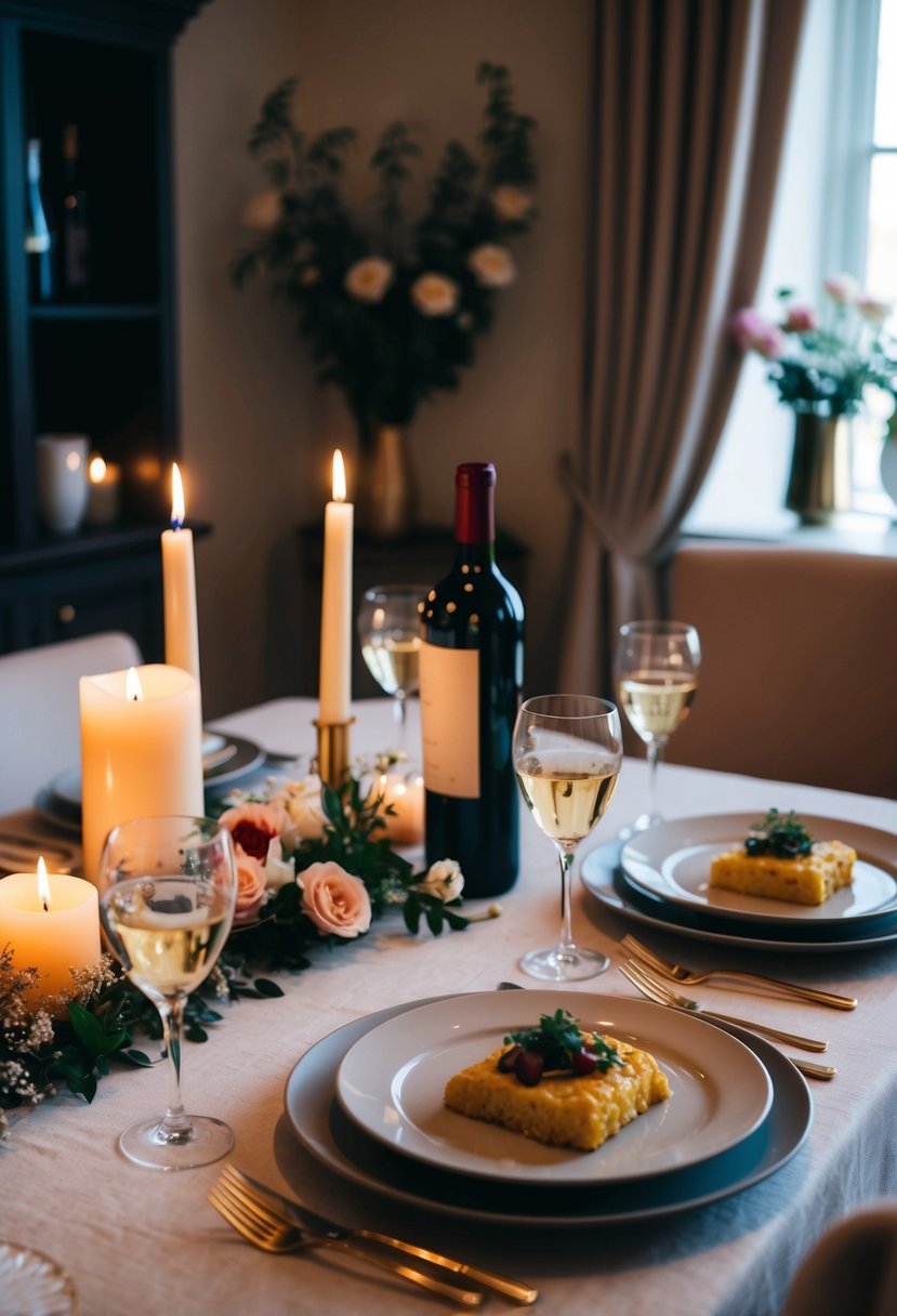 A cozy dining table set for two with candles, flowers, and elegant dinnerware. A bottle of wine and a homemade meal create a romantic atmosphere