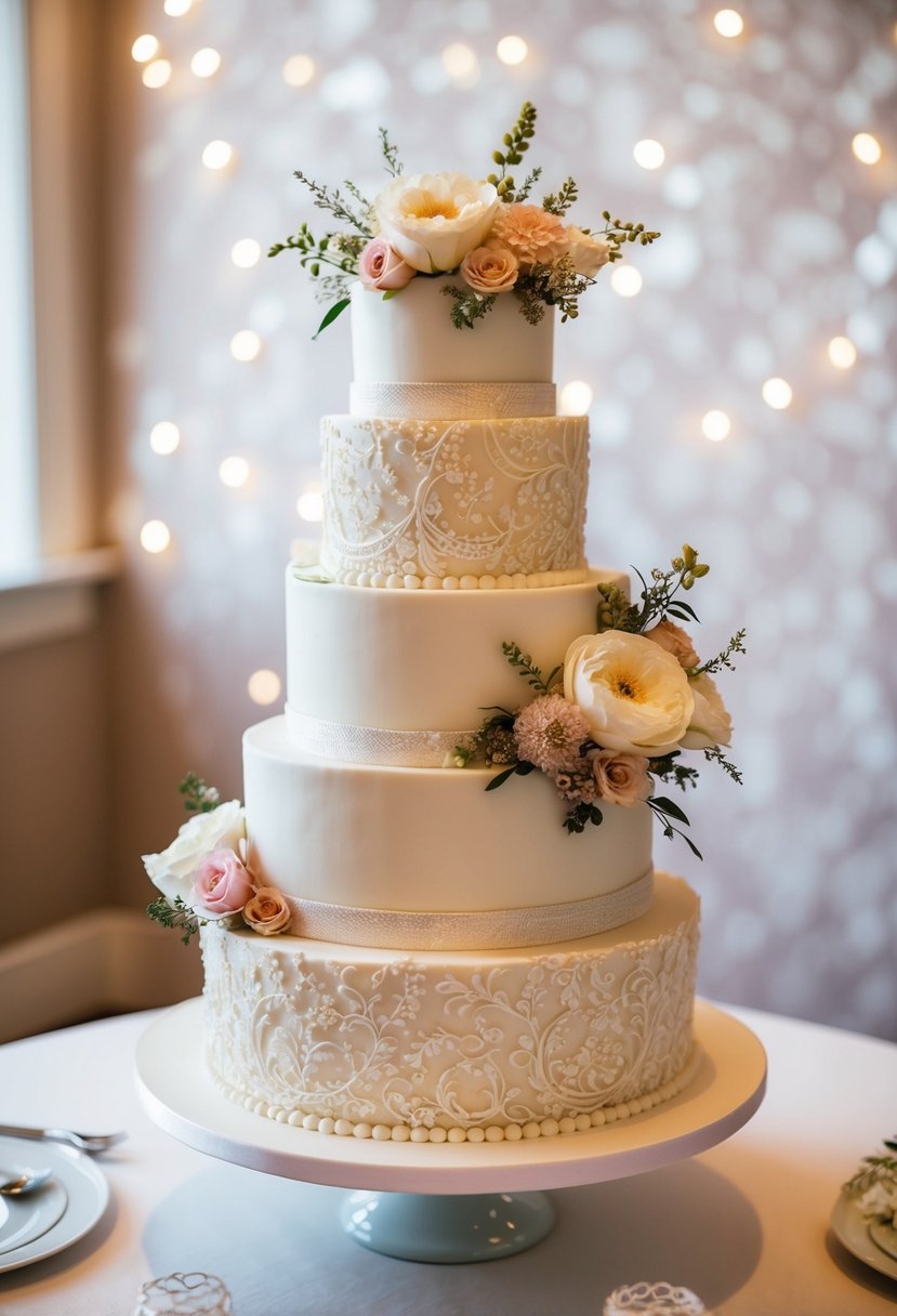 A tiered wedding cake with intricate floral designs, delicate lace patterns, and a romantic color palette