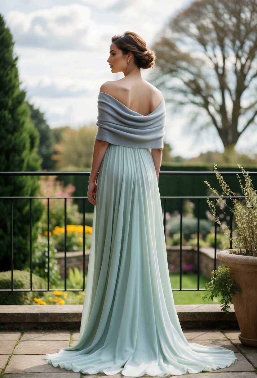 A woman in a flowing gown stands on a terrace overlooking a garden, her shoulders draped in a delicate cashmere shawl