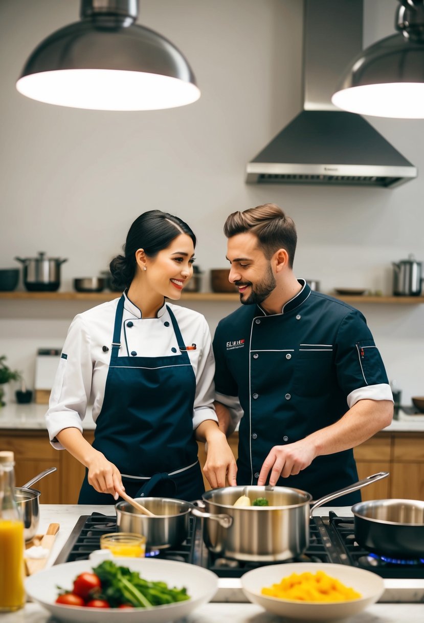 A couple stands side by side at a kitchen counter, surrounded by pots, pans, and ingredients. A chef instructs them as they work together to prepare a meal