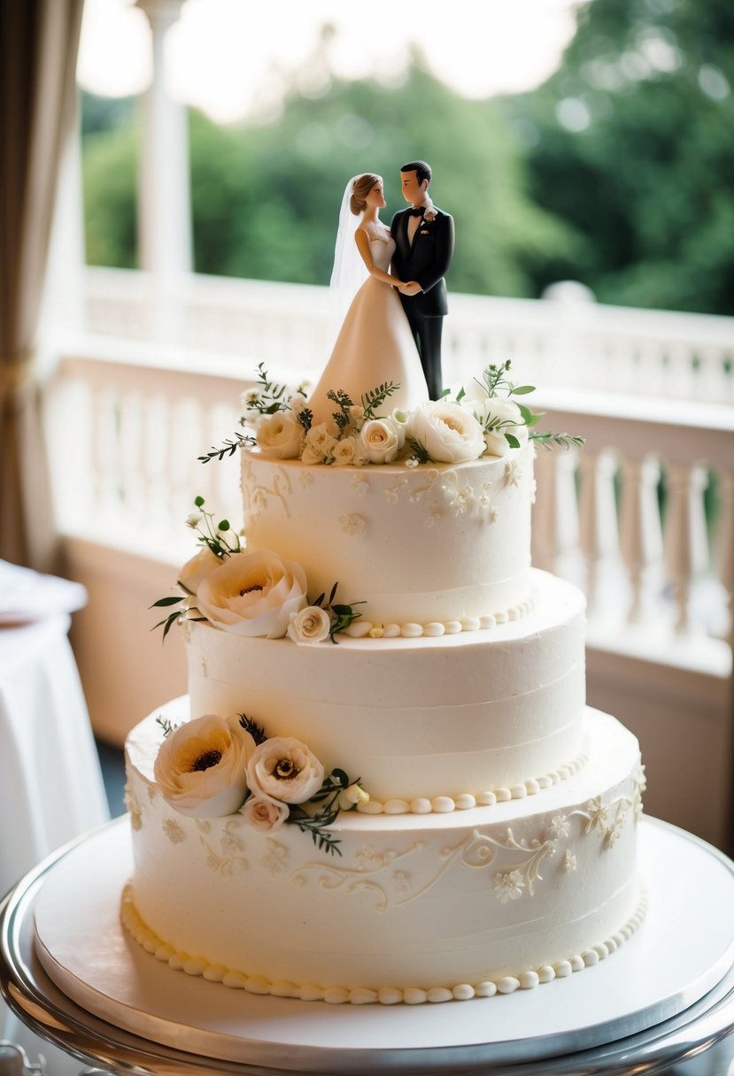 A three-tiered wedding cake with elegant white frosting and intricate floral decorations, topped with a delicate bride and groom figurine