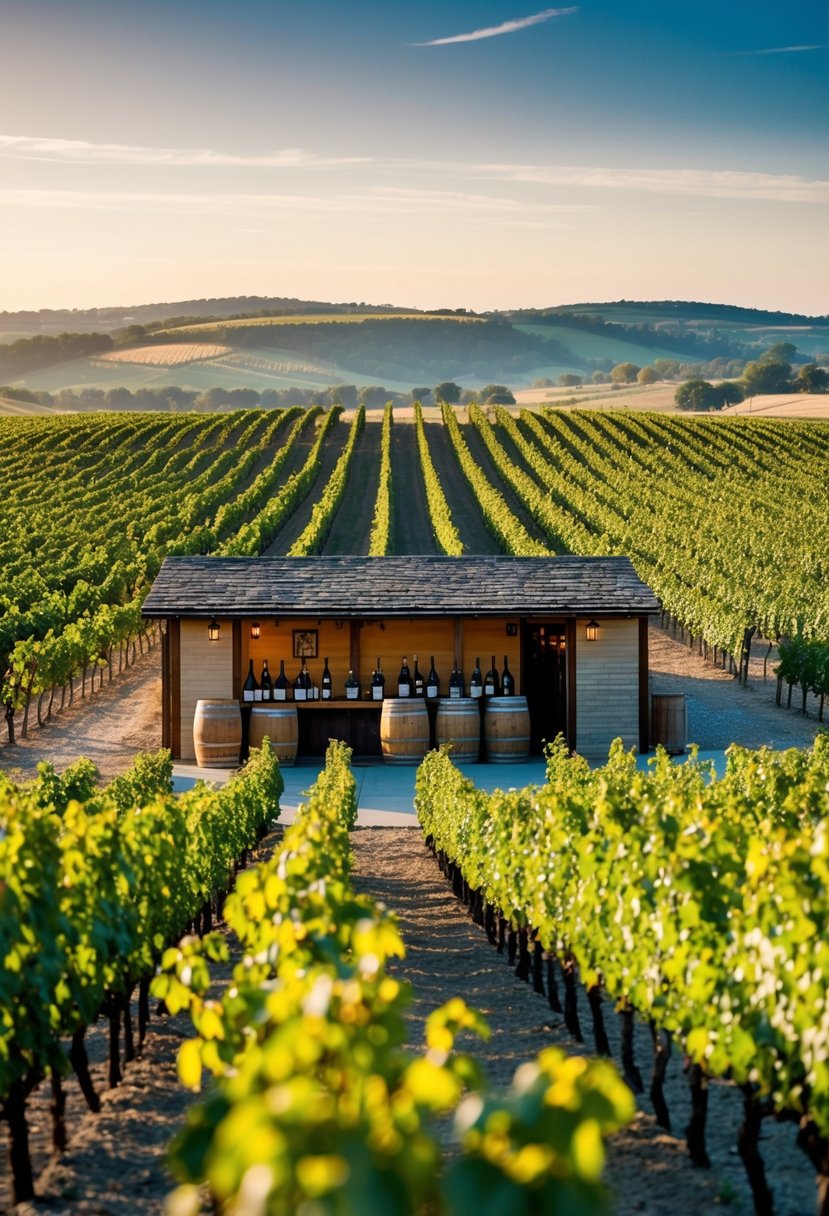 A vineyard with rows of grapevines stretching into the distance, a rustic tasting room with barrels and wine bottles, and a picturesque view of rolling hills in the background