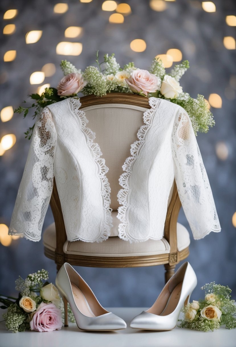 A lace bolero draped over a chair, surrounded by delicate flowers and a pair of elegant high heels