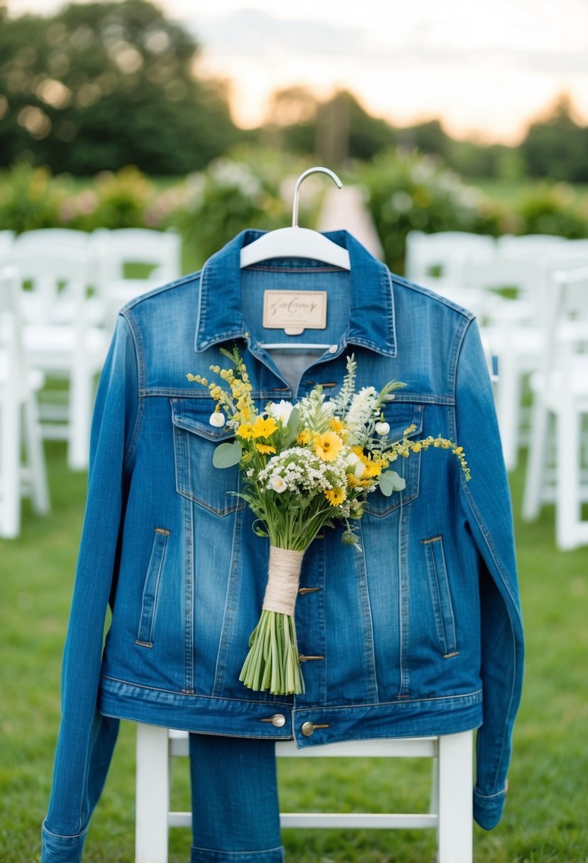 A denim jacket draped over a chair at an outdoor wedding, with a bouquet of wildflowers tucked into the front pocket