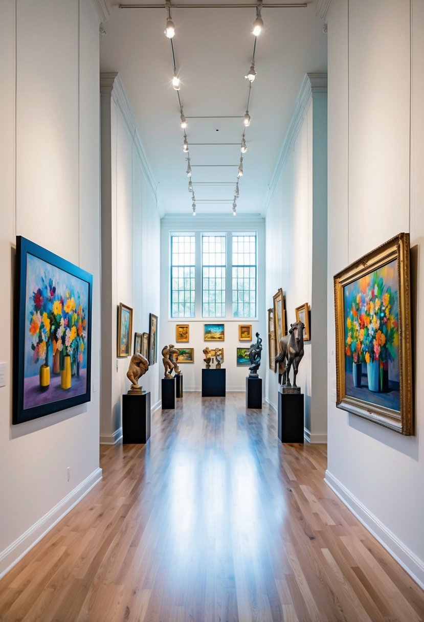 A spacious art gallery filled with colorful paintings and sculptures, bathed in natural light from large windows