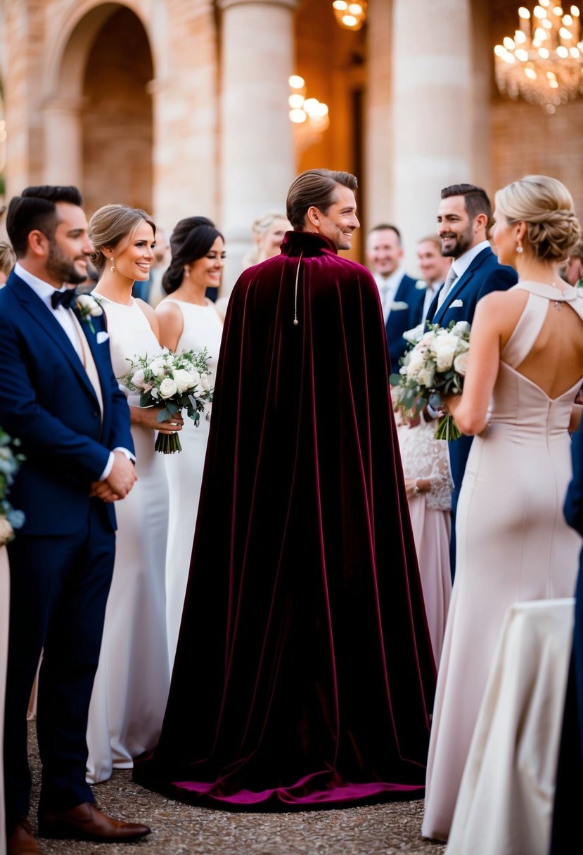 A figure in a flowing velvet cape stands among a group of elegantly dressed wedding guests, adding a touch of regal sophistication to the scene