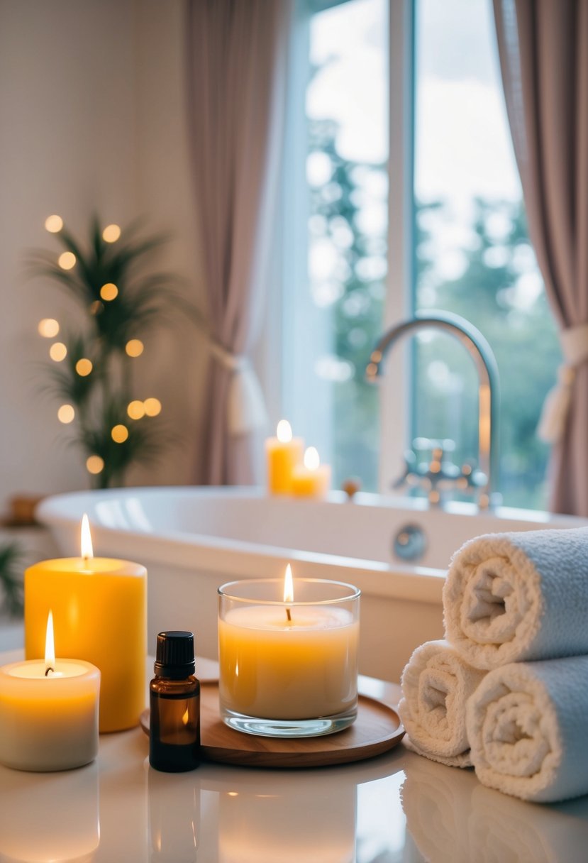 A serene spa day at home, with candles, essential oils, fluffy towels, and a relaxing bath