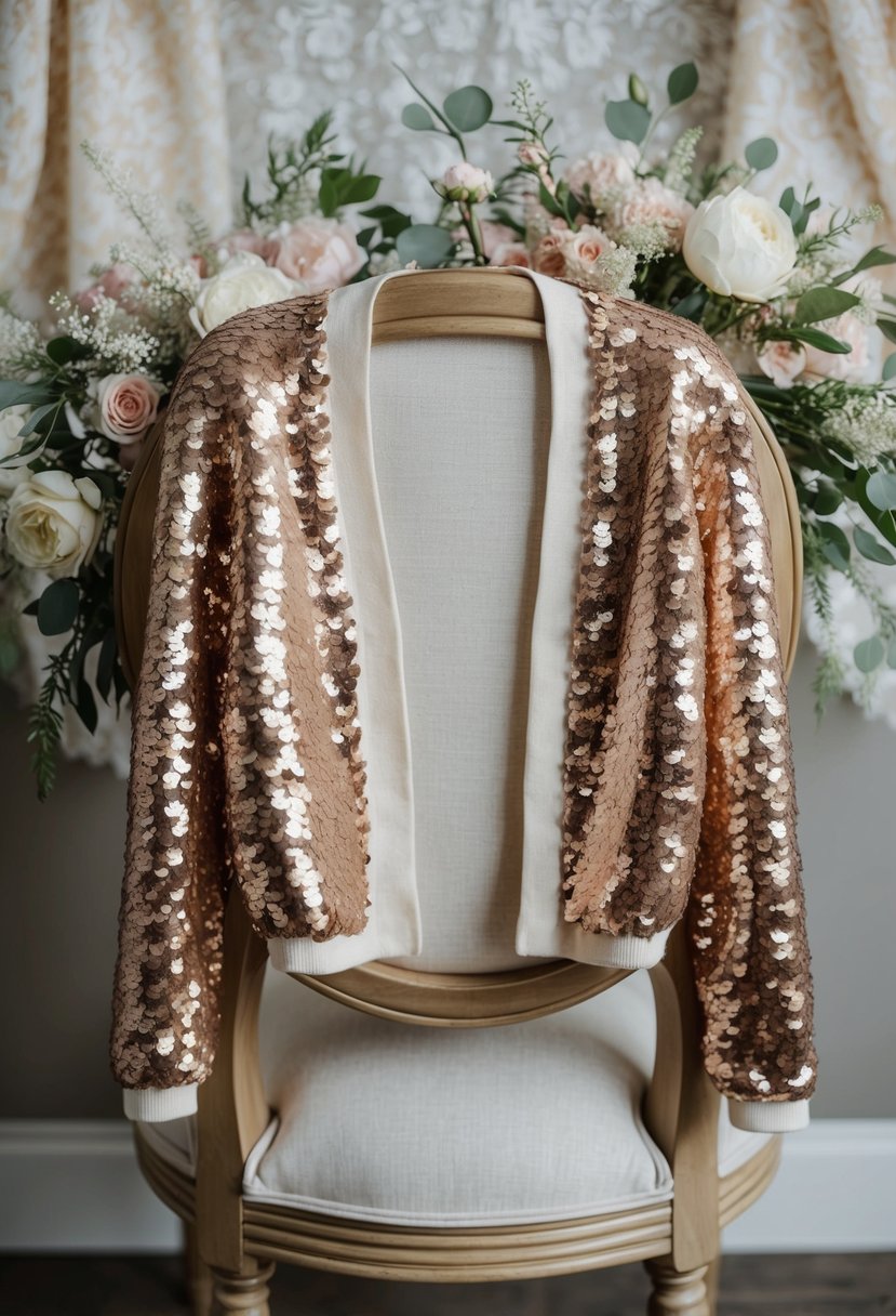 A sequined cardigan draped over the back of a chair, surrounded by delicate lace and floral decor