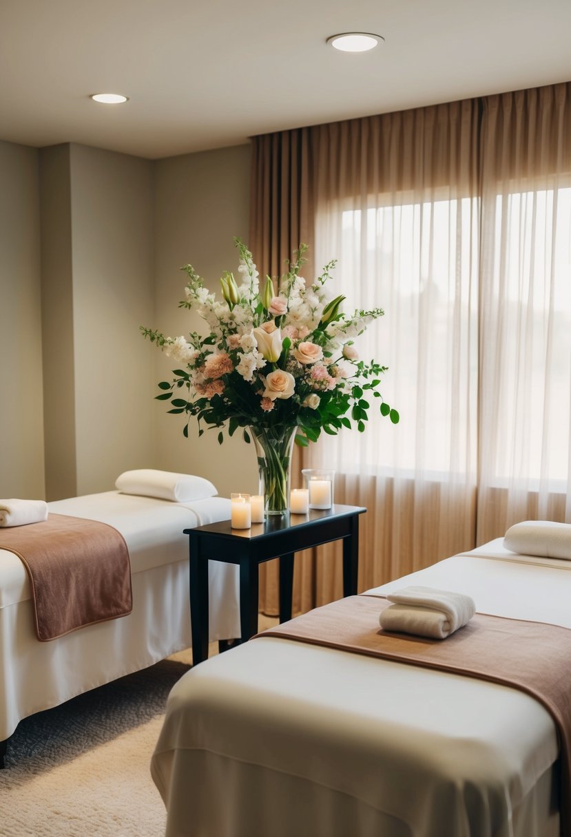 A serene spa room with two massage tables adorned with fresh flowers and soft lighting, creating a tranquil atmosphere for a couples massage