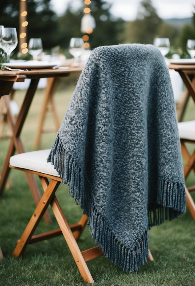 A cozy wool poncho draped over a chair at a rustic outdoor wedding