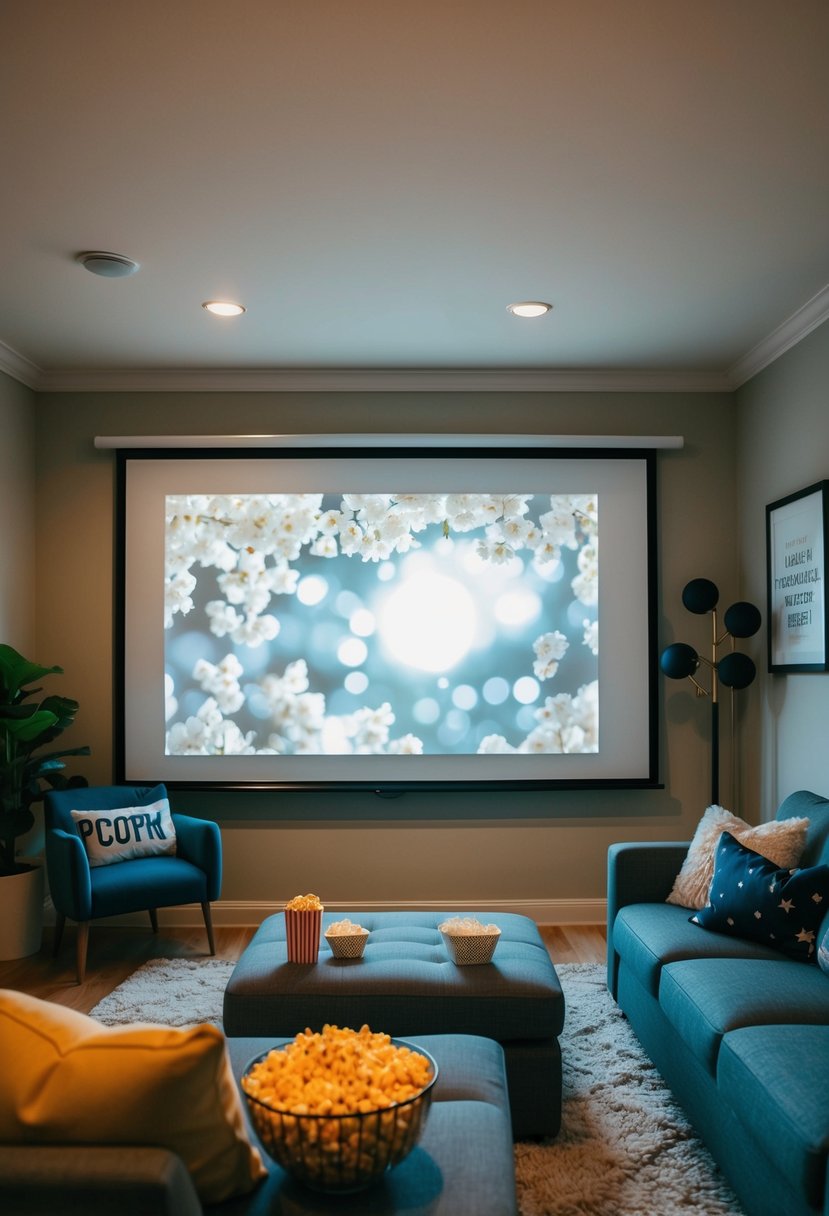 A cozy living room with a projector screen, popcorn, and movie-themed decorations for a themed movie night celebrating a 2nd wedding anniversary