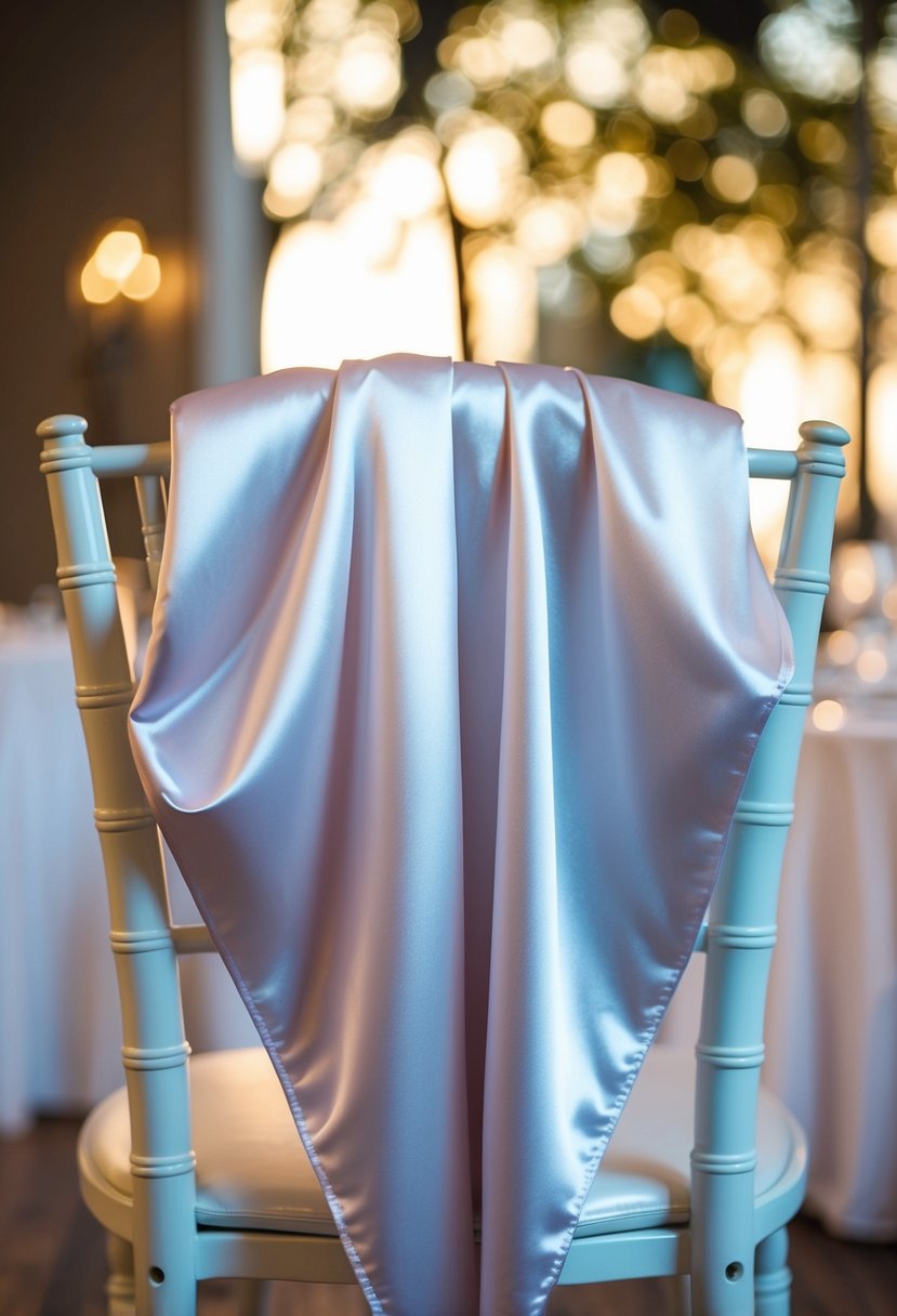 A delicate satin shrug drapes over the back of a chair, catching the light with its shimmering fabric