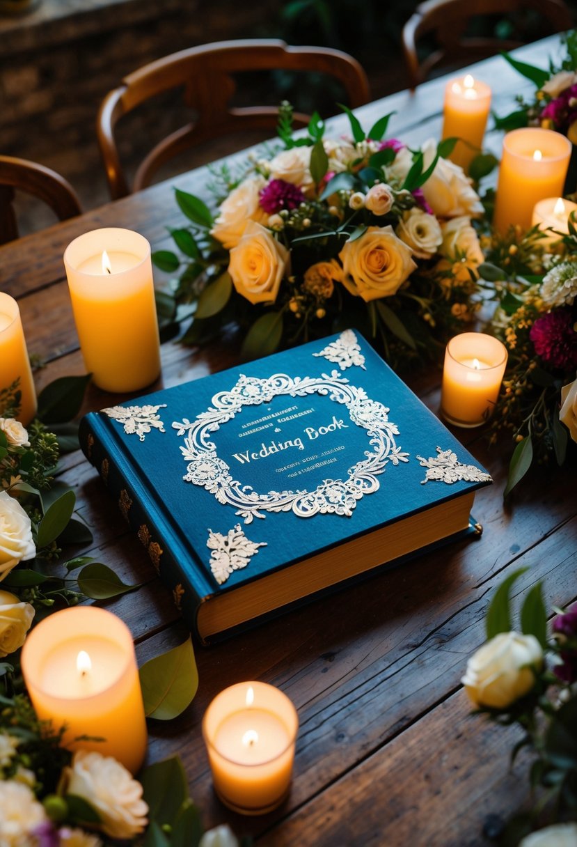 A beautifully decorated wedding book surrounded by flowers and candles on a vintage wooden table