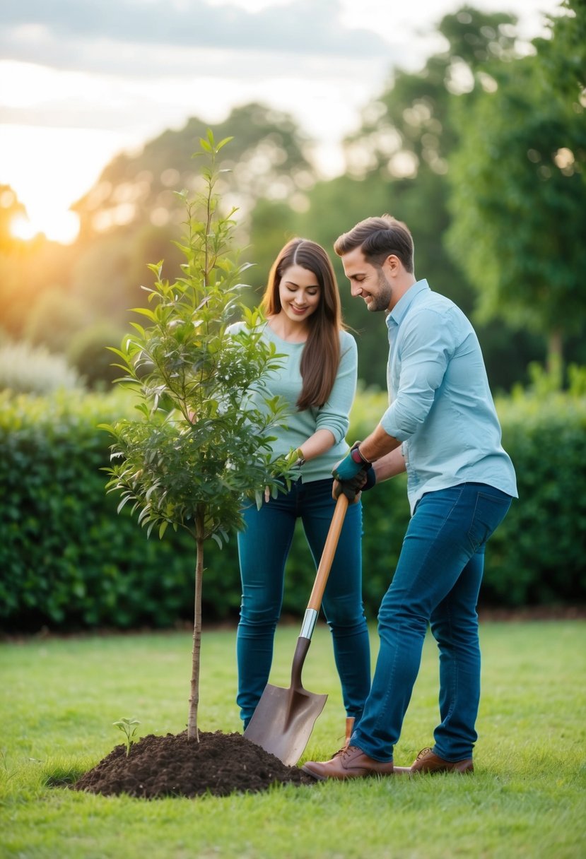 A couple planting a young tree in a serene garden setting