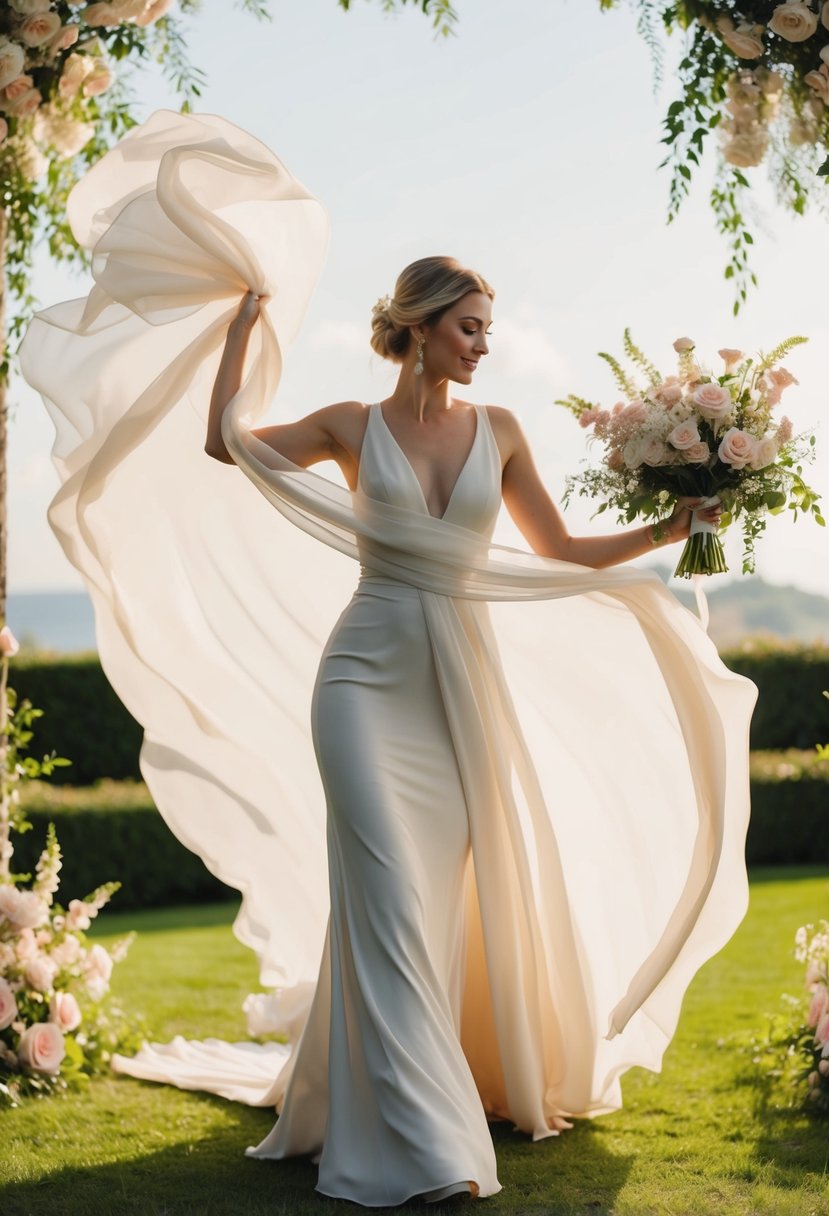 A flowing chiffon wrap billows in the breeze at an outdoor wedding, surrounded by blooming flowers and elegant decor