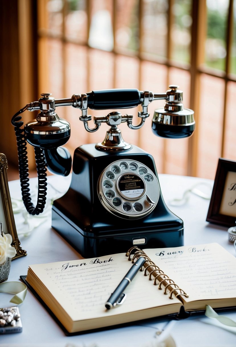 A vintage telephone sits on a table, surrounded by wedding memorabilia. A guest book lies open, waiting to capture the audio memories of the guests