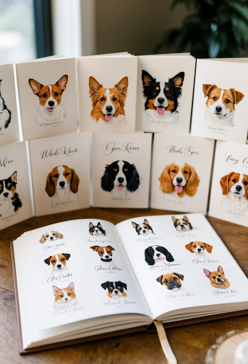 A collection of illustrated pet portraits arranged in a wedding book, each signature capturing the unique essence of beloved animal companions