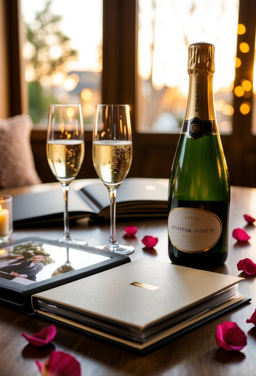 A cozy table set for two with a bottle of champagne, a photo album, and scattered rose petals. A candle flickers in the background, casting a warm glow