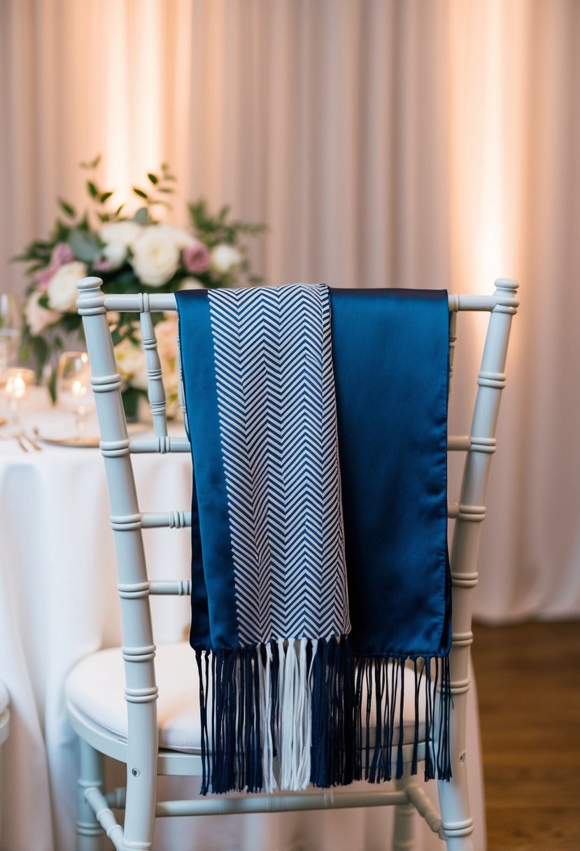 A fringed scarf draped over a chair at a wedding reception, with soft lighting and floral decorations in the background