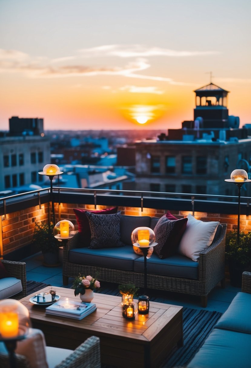 A rooftop with a view of the setting sun, adorned with cozy seating and romantic ambiance