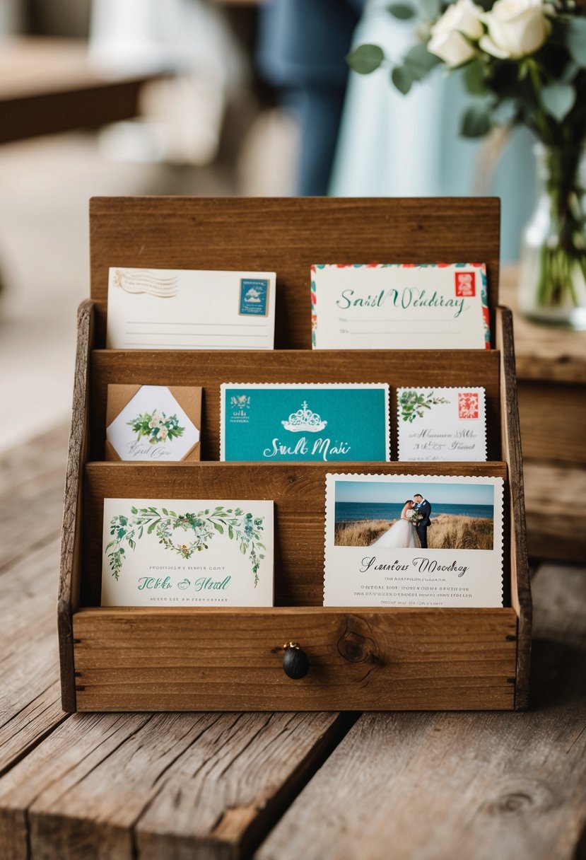 A rustic wooden display holds vintage postcards with snail mail and wedding themes