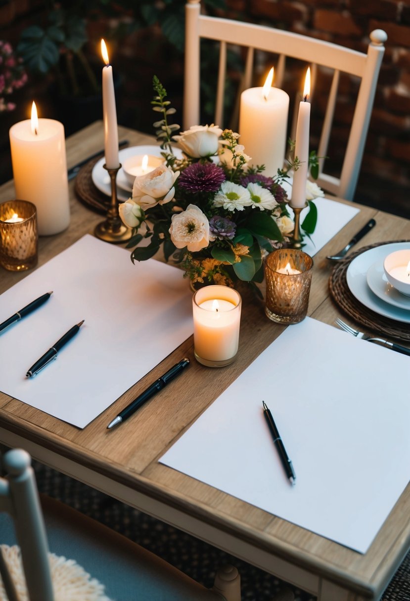 A cozy table set with two chairs, surrounded by candles and flowers, with two blank sheets of paper and pens placed on top