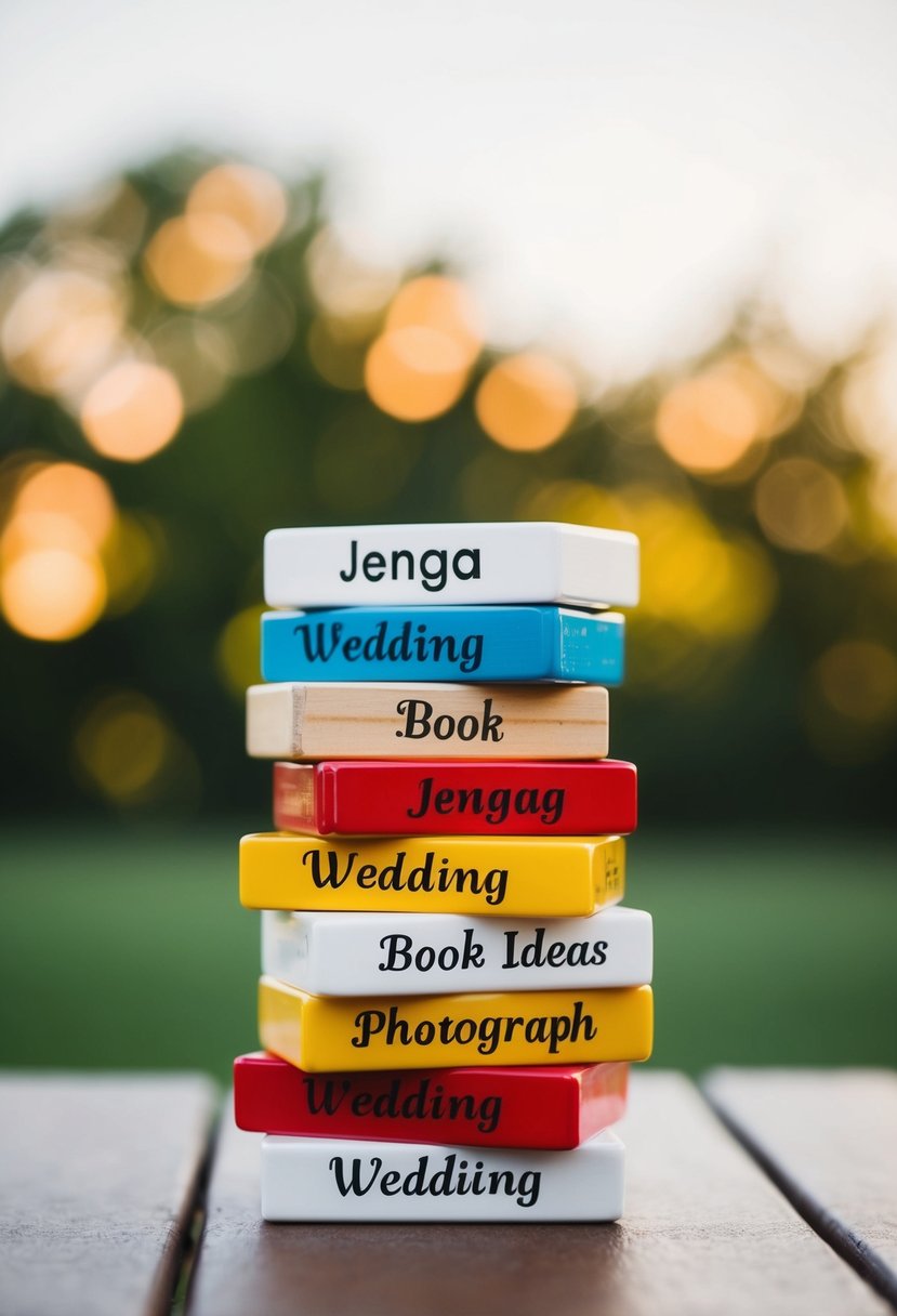 A stack of Jenga blocks with various wedding book ideas written on them