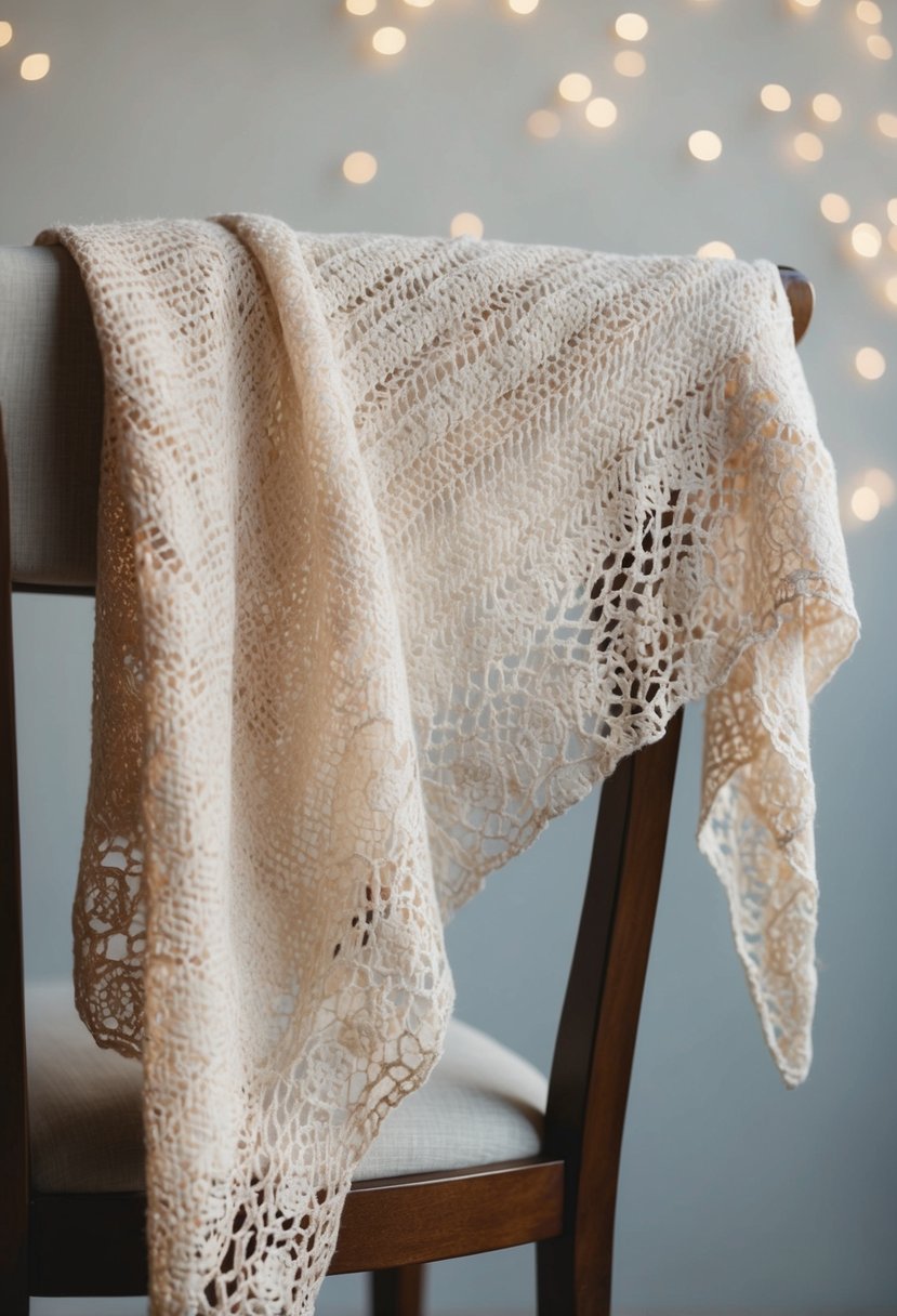 A delicate, hand-knit shawl draped over the back of a chair, with a soft, romantic color palette and intricate lace details