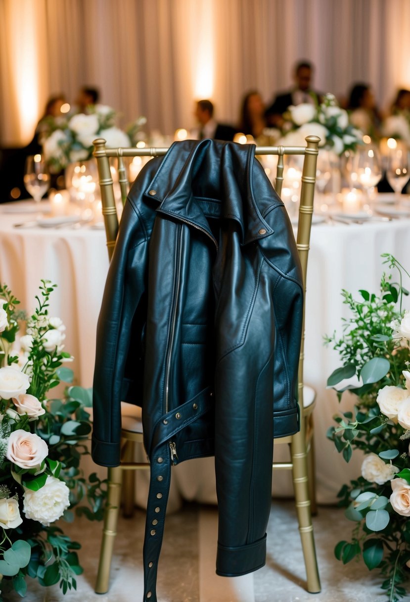 A leather jacket draped over the back of a chair at a wedding reception, surrounded by elegant floral arrangements and soft lighting