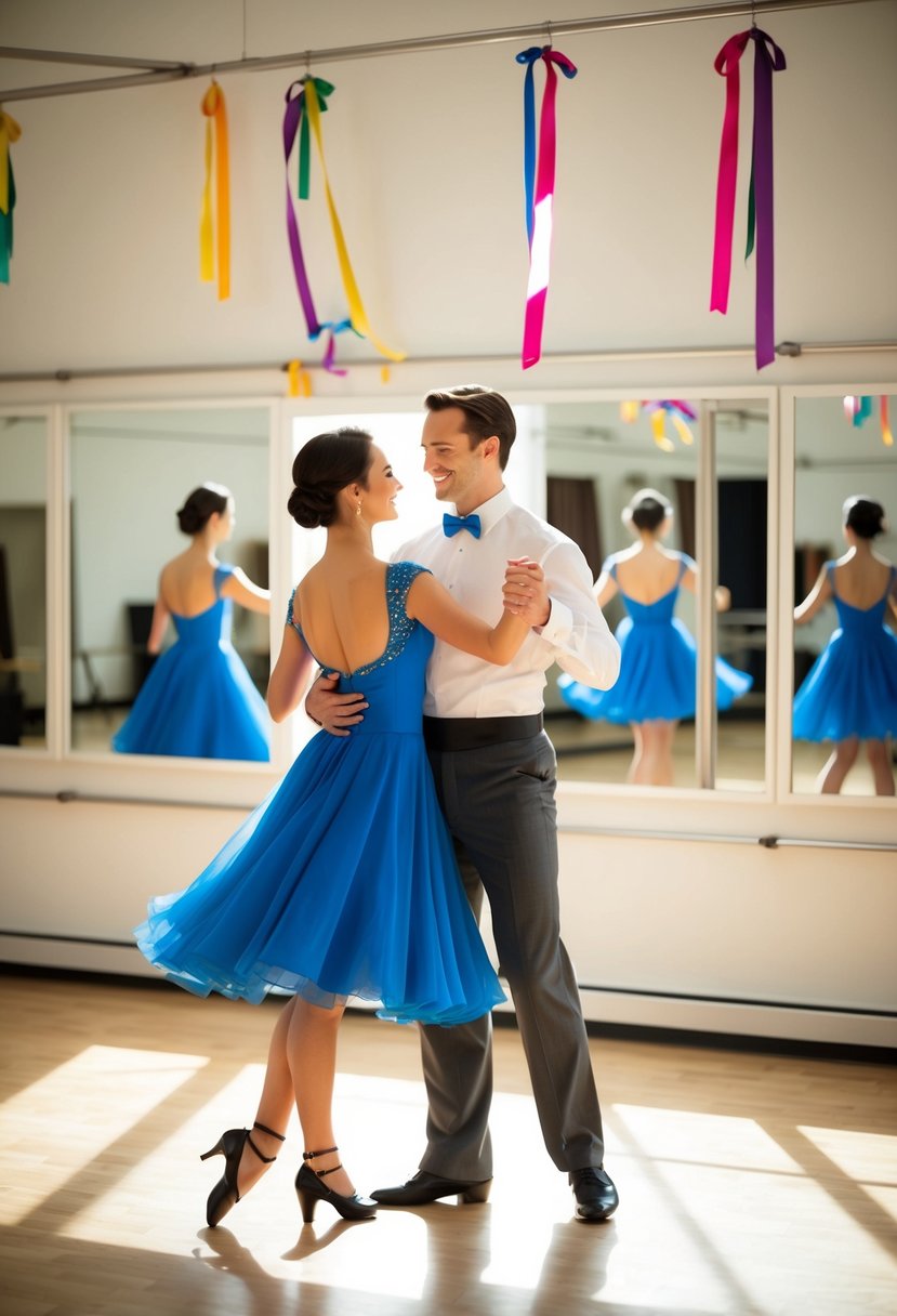 A couple gracefully waltzing in a sunlit dance studio, surrounded by mirrors and colorful ribbons