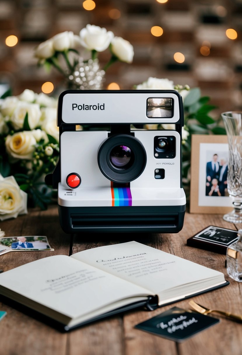 A Polaroid Snap camera surrounded by wedding memorabilia and a guest book