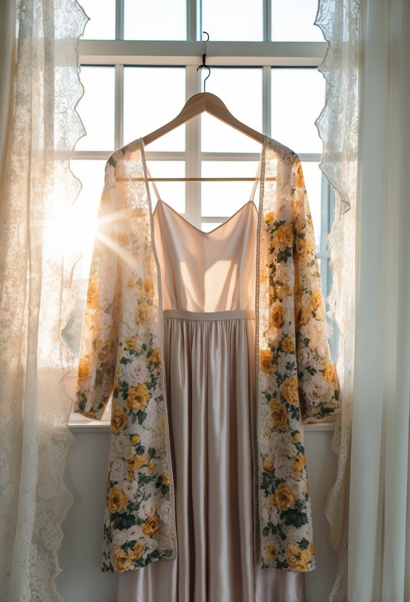 A floral duster hangs on a hanger, surrounded by delicate lace and silk fabric. Soft sunlight filters through a window, casting a warm glow on the elegant garment