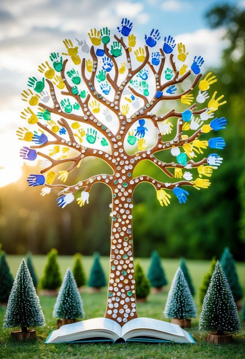 A large tree with branches made of thumbprints in different colors, representing wedding guests, surrounded by smaller trees in a book