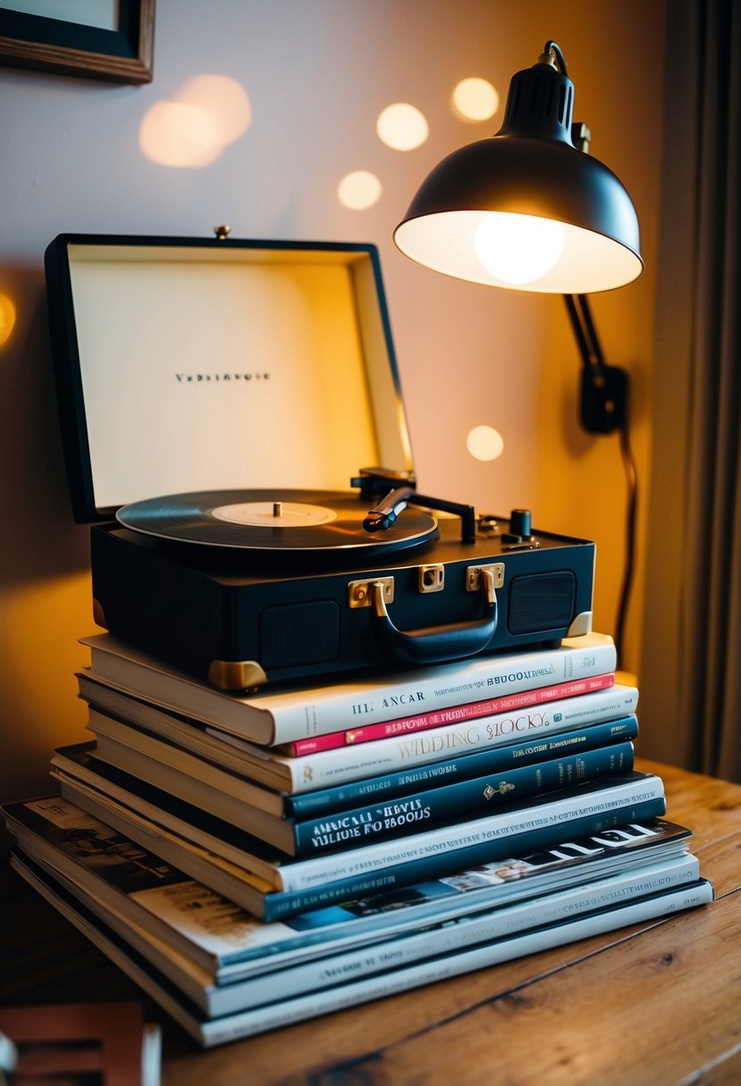 A vintage record player sits atop a wooden table surrounded by stacks of wedding books and magazines. The warm glow of a nearby lamp illuminates the cozy scene