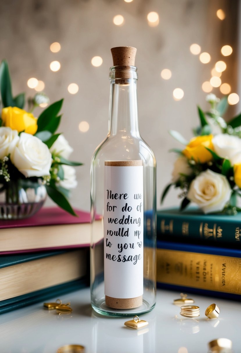 A glass bottle with a rolled-up message inside, surrounded by wedding-themed books and decorations