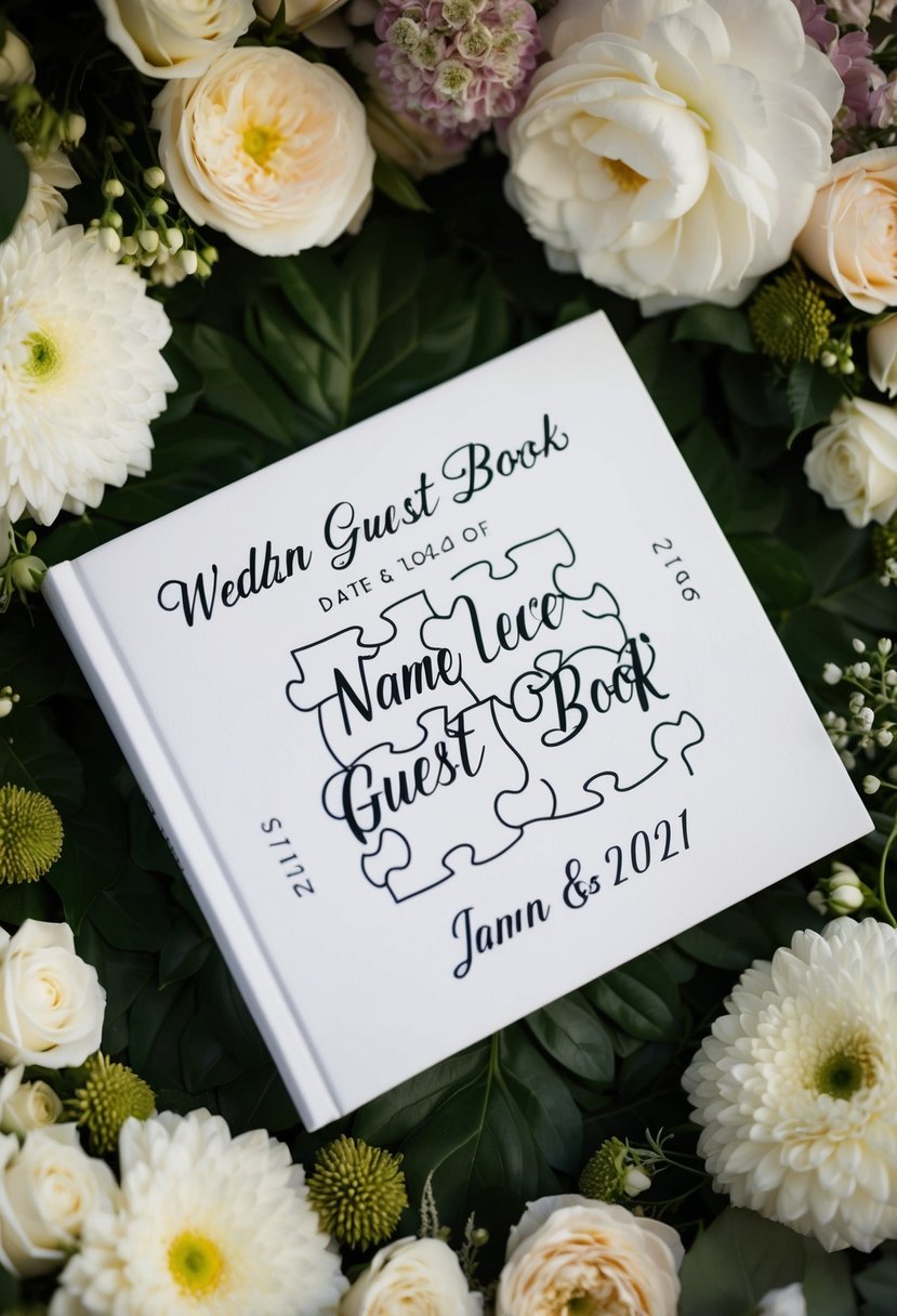 A wedding guest book with puzzle pieces personalized with the couple's names and date, surrounded by elegant floral decorations