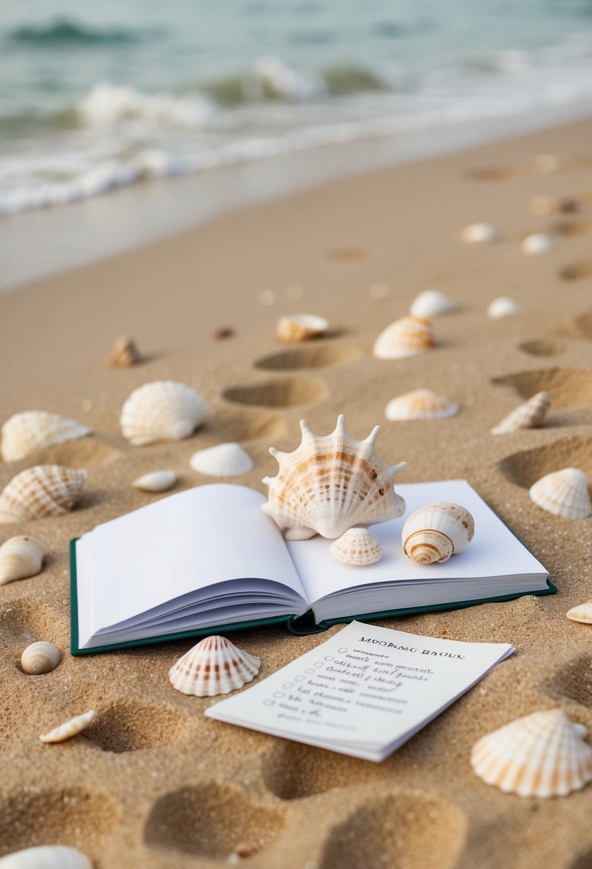 A sandy beach with seashells scattered around, a wedding book with seashell decorations, and a collection of notes on seashell-themed wedding ideas