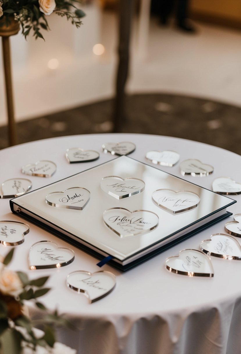 A wedding guest book with acrylic heart signatures arranged on a table